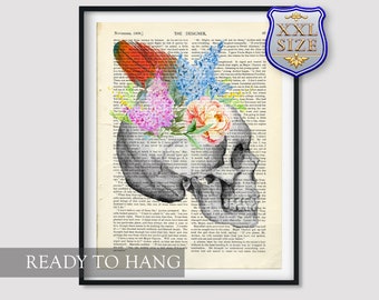 Skull with Lilacs and Peony Giclee Print Texture Gel Reproduction Painting Large Size Canvas Paper Wall Art Poster Ready to Hang Frame