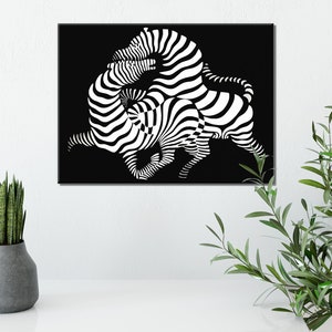 K&ouml;nnte beinhalten: Schwarz-wei&szlig;es abstraktes Kunstprint mit zwei Zebras, die in einem geometrischen Muster ineinander verschlungen sind.