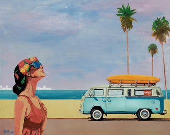 California Dreaming — Hand Painted Pop Art, Retro California Coastal Painting