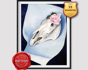 Georgia O'Keeffe Horse's Skull with Pink Rose Giclee Print Reproduction Painting Large Size Canvas Paper Wall Art Poster Ready to Hang