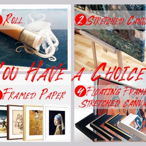 May include: Four different ways to display artwork: rolled, stretched canvas, framed paper, and floating frame with stretched canvas. The image shows examples of each option.