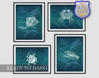 Set of 4 Stingray Crab Octopus Lobster Giclee Print Reproduction Painting Large Size Canvas Paper Wall Art Poster Ready to Hang Framed Print