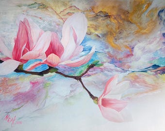 Original Magnolia Painting, Pink Floral Abstract Art, Contemporary Botanical Wall Art, Large Flower Painting