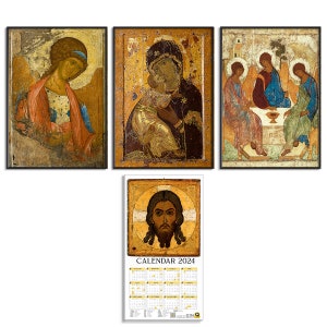 May include: A set of four framed vintage religious icons with a calendar for 2024. The icons depict Jesus, Mary, and the Holy Trinity. The calendar is in a white frame with a gold border.