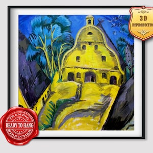 Puede incluir: Una pintura de un edificio amarillo con un cielo azul y árboles en el fondo. El edificio tiene un techo redondeado y varias ventanas. La pintura está realizada en un estilo que recuerda al expresionismo.