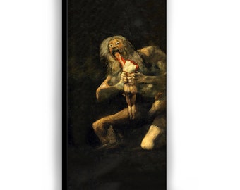 May include: A dark, dramatic painting of a large, grotesque figure with a long white beard, holding a smaller figure in its hands. The larger figure has its mouth open, revealing a bloody interior. The smaller figure is pale and appears to be being consumed.