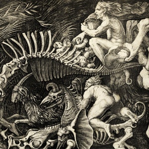 May include: A black and white engraving depicting a skeletal figure with a human figure riding on its back. The human figure is holding a basket and appears to be riding the skeletal figure through a forest.