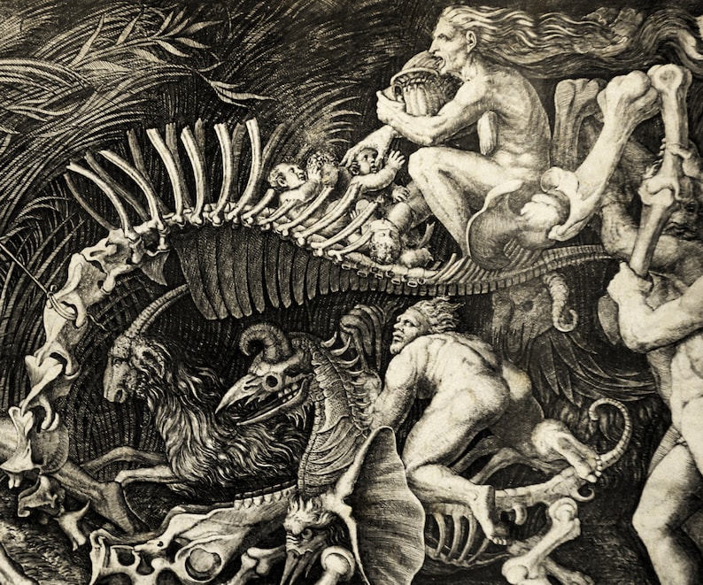 May include: A black and white engraving depicting a skeletal figure with a human figure riding on its back. The human figure is holding a basket and appears to be riding the skeletal figure through a forest.
