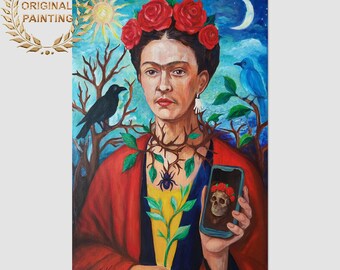 Modern Frida: Life, Death & Reflection. Original Acrylic Painting, Surreal Portrait on Canvas, 77x52cm Ready to Hang