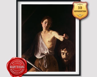 Puede incluir: Una pintura que representa a un joven sosteniendo una espada y una cabeza cortada. El hombre lleva una túnica blanca y tiene un fondo oscuro.