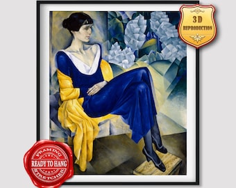 May include: A cubist painting of a woman in a blue dress and yellow shawl sitting on a geometrically patterned chair. The background is a blue and white abstract design.