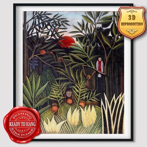 May include: A painting of a jungle scene with monkeys, a bird, and a red sun in the background. The painting is done in a stylized, almost cartoonish style, with bold colors and thick brushstrokes.