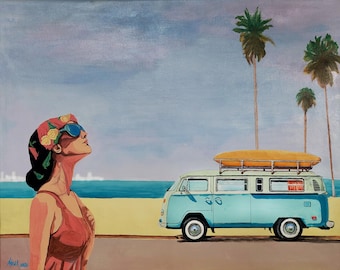 David Hockney Style California Dreaming California Dive — Retro California Coastal Giclee Print, Texture Gel, Framed Wall Art