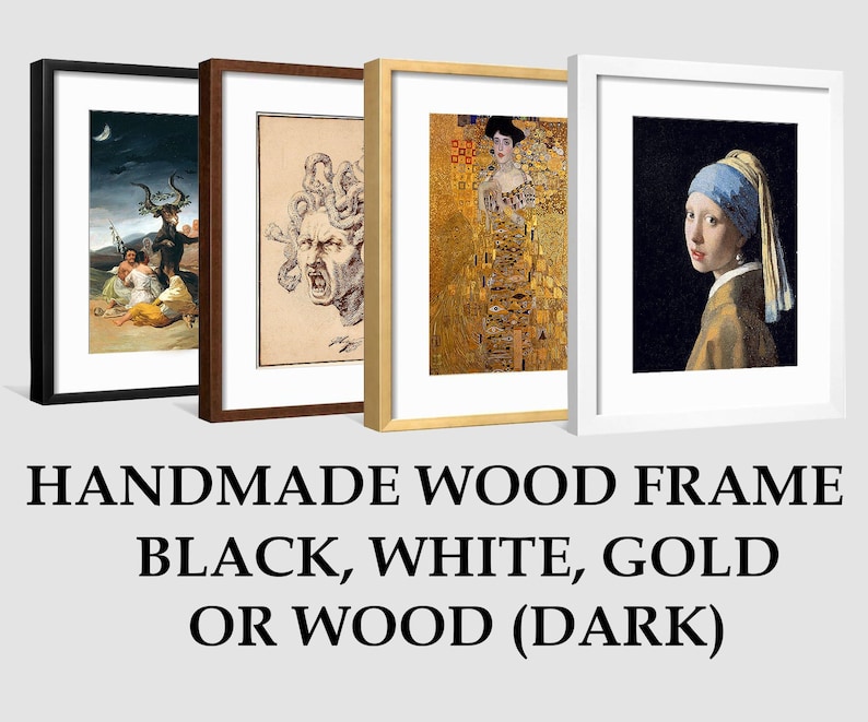 May include: Four framed pictures with different artwork. The frames are handmade wood and come in black, white, gold, or dark wood.