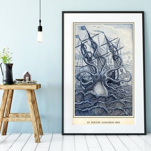 May include: A vintage illustration of a giant octopus attacking a sailing ship. The image is in blue and white tones and is titled "Le Poulpe Colossal 1801".