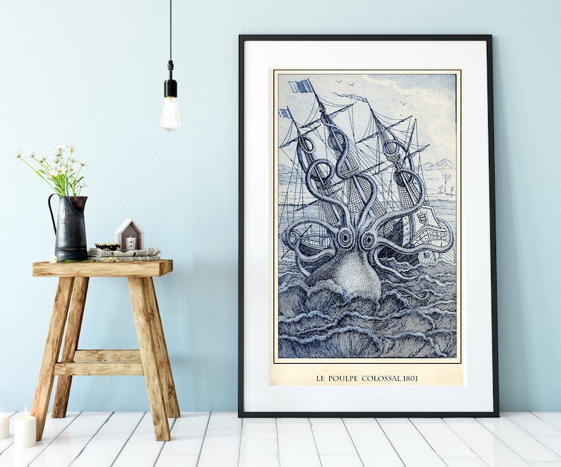 May include: A vintage illustration of a giant octopus attacking a sailing ship. The image is in blue and white tones and is titled "Le Poulpe Colossal 1801".