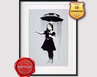 Banksy Nola Grey Rain Giclee Print Texture Gel Reproduction Painting Large Size Canvas Paper Wall Art Poster Ready to Hang Framed Print