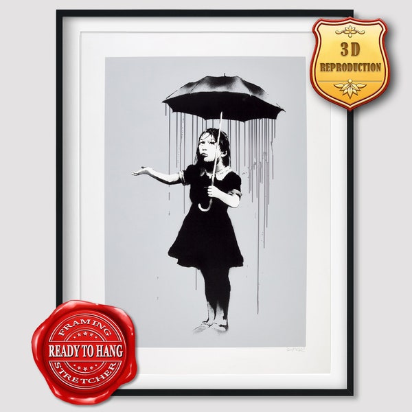 Banksy Nola Grey Rain Giclee Print Texture Gel Reproduction Painting Large Size Canvas Paper Wall Art Poster Ready to Hang Framed Print