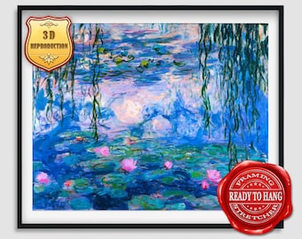 Claude Monet Water Lilies Giclee Print Texture Gel Reproduction Painting Large Size Canvas Paper Wall Art Poster Ready to Hang Framed Print