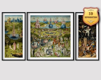 Set of 3 Hieronymus Bosch Garden of Earthly Delights Giclee Print Reproduction Painting Large Size Canvas Paper Wall Art Framed Poster