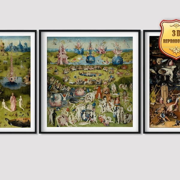 Set of 3 Hieronymus Bosch Garden of Earthly Delights Giclee Print Reproduction Painting Large Size Canvas Paper Wall Art Framed Poster