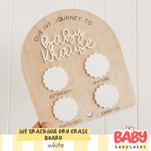 Op de afbeelding: Een boogvormig houten bord met de tekst "OUR IVF JOURNEY TO baby Krause" in verhoogde witte letters. Het bevat vier witte geschulpte ronde markers en labels voor "RETRIEVED", "MATURE", "FERTILISED" en "EMBRYOS" met een kleine hartvormige uitsparing.