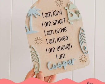 Personalised Daily Affirmation Plaque - SURFS UP | Kids Room Decor | Surfer | Motivational Plaque | Kombi | Surfboard | Palms | Boys Room