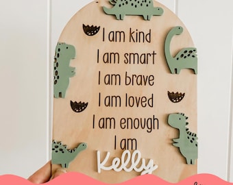 Personalised Daily Affirmation Plaque - DINOSAURS | Kids | Children&#39;s Room | Affirm | I am Smart | Children&#39;s Decor | Handmade | Australian