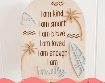 Personalised Daily Affirmation Plaque - SURFS UP | Surfing | Beach Decor | Children&#39;s Room | | Beach Theme | Neutral | Australia | Affirm