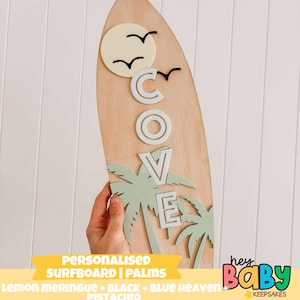 Personalised Surfboard Name Plaque PALMS | Surfer Theme | Coast Decor | Beach Theme| Coastal Theme Name |Trending | Neutral | Beige Decor