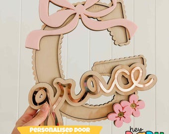 Personalised Door Plaque - BOW | Girls Room Decor | Bows Theme | Acrylic Name Sign | Scalloped | Wooden Door Sign | Coquette Name | Nursery