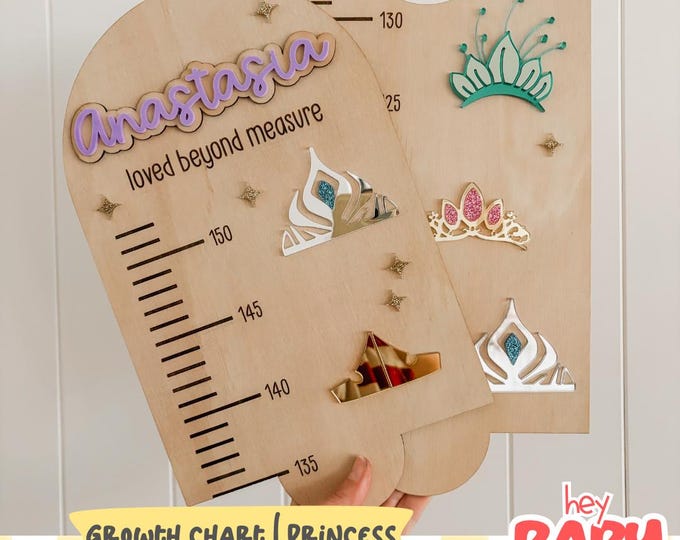 Personalised Growth Chart - PRINCESS | Girls Room Decor | Princesses Theme | Acrylic Growth Chart | Wooden Ruler | Measure | Crowns