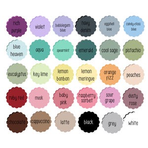 May include: A collection of 36 scalloped circles, each displaying a different color name. Colors range from rich purple to white, including shades like navy denim, baby pink, and orange fizz. The text labels are in a clean, sans-serif font.