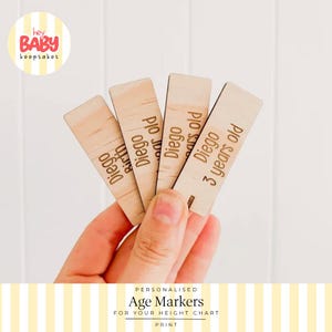 May include: Four rectangular light-colored wooden markers with engraved text. The markers are labeled Diego Birth, Diego 1 year old, Diego 2 years old, and Diego 3 years old. Each piece features a smooth finish and a natural wood grain pattern.