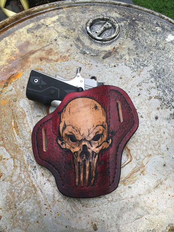 Leather Punisher Skull Holster in Red.