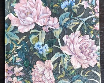 Set of 4 Romantic Rose Decoupage Napkins on Black Background
