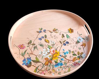 Round Wooden Serving Tray with Delicate Floral Pattern — 44 cm Rustic Natural Home Decor