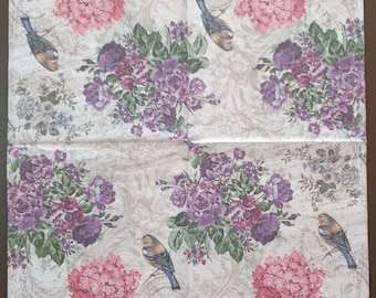 Floral Bird Decoupage Napkins - Set of 4