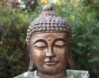 Neu Mönch-Buddha-Kopf-Skulptur-24 cm-Steinguss-Bronzefarb-Frostfest-Gartenfigur pierre reconstituée concrete garden ornament Hormigón Betoni