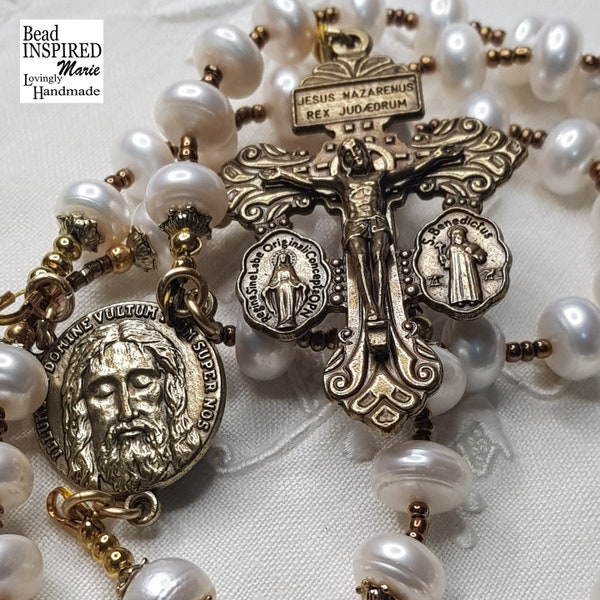 Pardon Cross with Face of Christ Genuine South Sea Pearl Rosary with Genuine Italian rosary parts and with Case