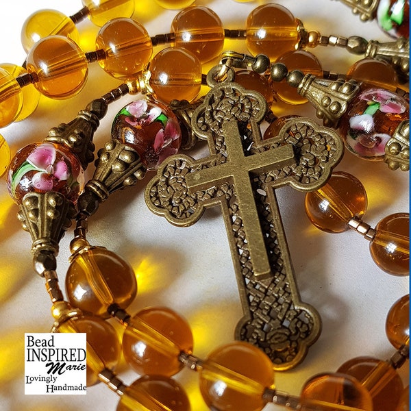 Sacred & Immaculate Hearts Amber Glass Handmade Art Glass Rosary