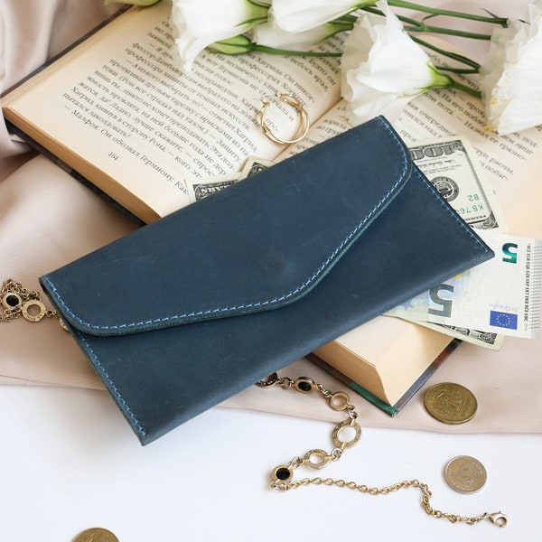 Monogram leather envelope, Personalized leather wallet, Travel ticket case, Leather envelope mini clutch, Leather money envelope, Blue