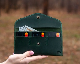 Monogram leather envelope, Personalized leather wallet, Travel ticket case, Leather envelope mini clutch, Leather money envelope, GREEN