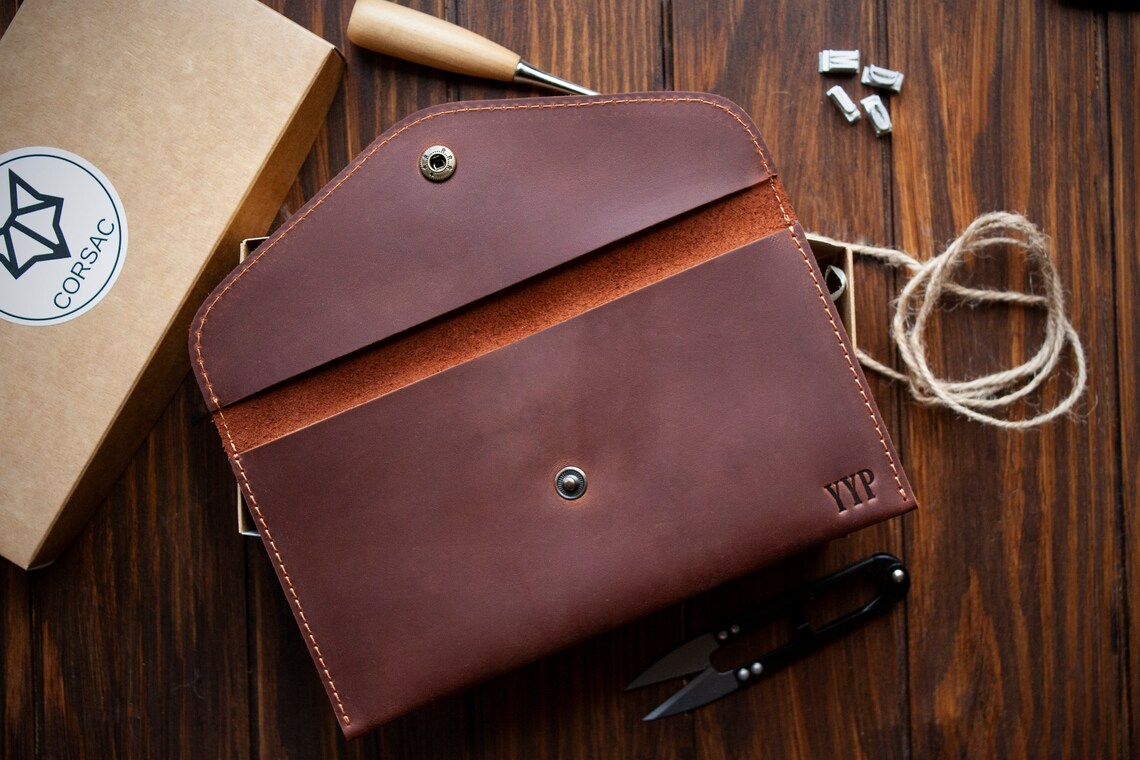 Monogram Leather Envelope Personalized Leather Wallet Travel Etsy