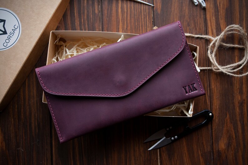 Monogram leather envelope, Personalized leather wallet, Travel ticket case, Leather envelope mini clutch, Leather money envelope, Bordeaux image 3