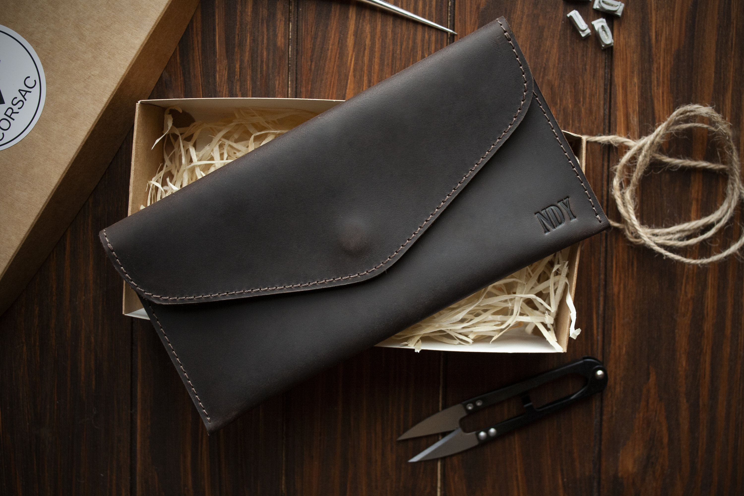 Monogram leather envelope Personalized leather wallet Travel Etsy