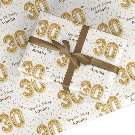 Personalised 30th Birthday Wrapping Paper with Any Name | Custom Gift Wrap For Him & Her Mens Womens | Gold
