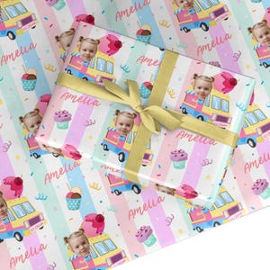 Girls Personalised Ice Cream Cart Birthday Custom Photo Face Wrapping Paper
