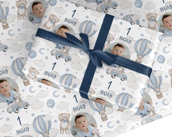 Boys 1st Birthday Personalised Photo Wrapping Paper | Custom First Birthday Gift Wrap | Teddy Bear Hot Air Balloon Pattern