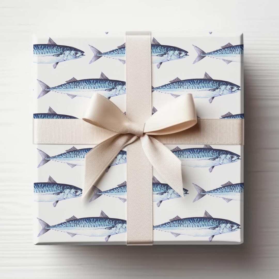 Fish Wrapping Around Blue Mackerel Fish Wrapping Paper | Nautical Coastal Gift Wrap for Men ...
